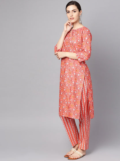 Women's Coral Pink Floral Print Kurta Set With Pants