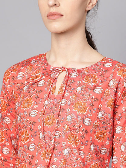 Women's Coral Pink Floral Print Kurta Set With Pants