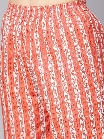 Women's Coral Pink Floral Print Kurta Set With Pants