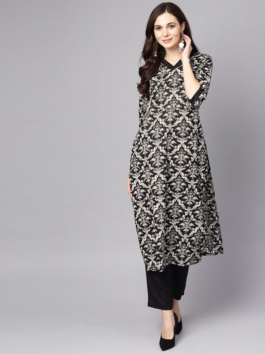 Women's Black & White Floral Printed Kurta Set With Pants