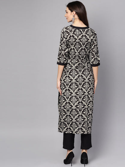 Women's Black & White Floral Printed Kurta Set With Pants