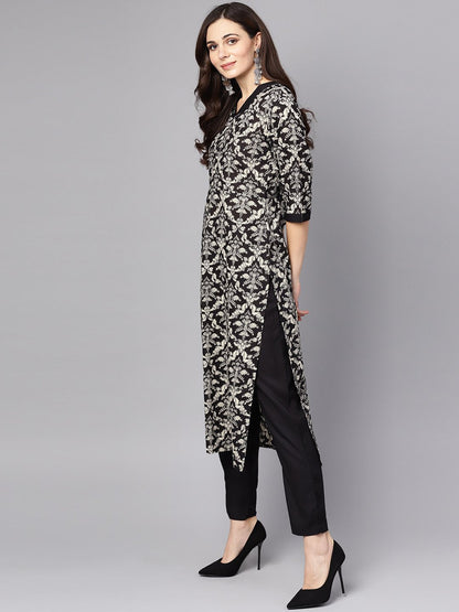 Women's Black & White Floral Printed Kurta Set With Pants
