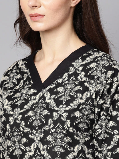 Women's Black & White Floral Printed Kurta Set With Pants