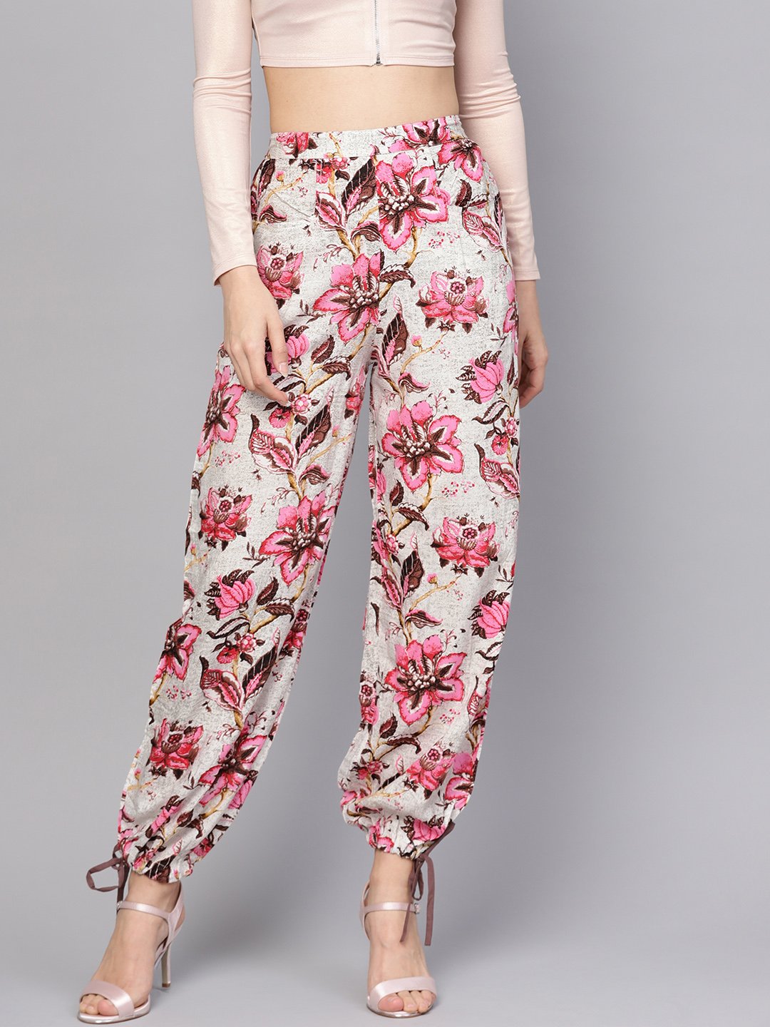 Women's White & Chocolate Brown Printed Palazzo With Drawstring At Bottom