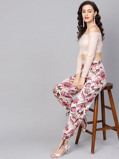 Women's White & Chocolate Brown Printed Palazzo With Drawstring At Bottom