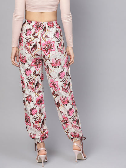Women's White & Chocolate Brown Printed Palazzo With Drawstring At Bottom
