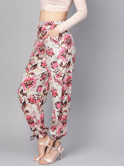 Women's White & Chocolate Brown Printed Palazzo With Drawstring At Bottom