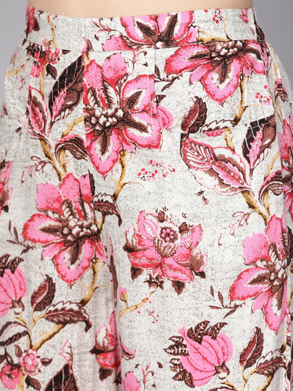 Women's White & Chocolate Brown Printed Palazzo With Drawstring At Bottom