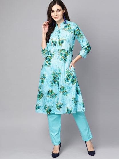 Women's Sky Blue Floral Printed Kurta Set With Solid Pants
