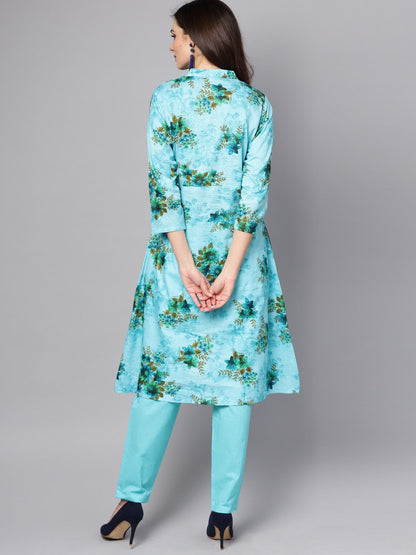 Women's Sky Blue Floral Printed Kurta Set With Solid Pants