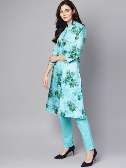 Women's Sky Blue Floral Printed Kurta Set With Solid Pants