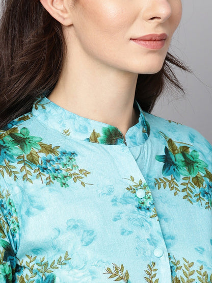 Women's Sky Blue Floral Printed Kurta Set With Solid Pants