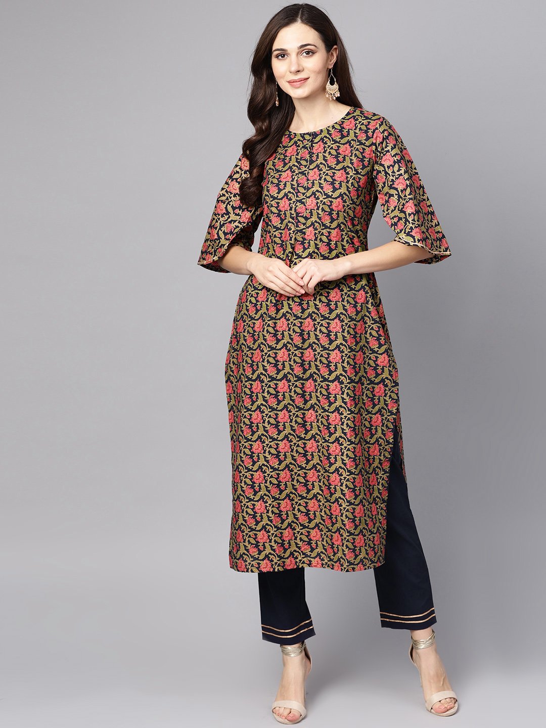 Women's Navy Blue & Gold Floral Printed Kurta Set With Solid Navy Blue Pants