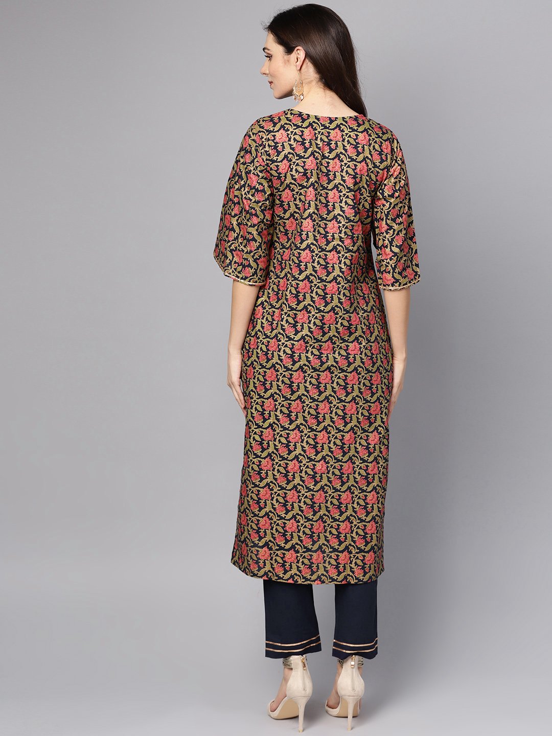 Women's Navy Blue & Gold Floral Printed Kurta Set With Solid Navy Blue Pants