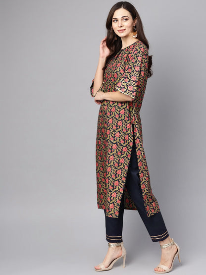 Women's Navy Blue & Gold Floral Printed Kurta Set With Solid Navy Blue Pants