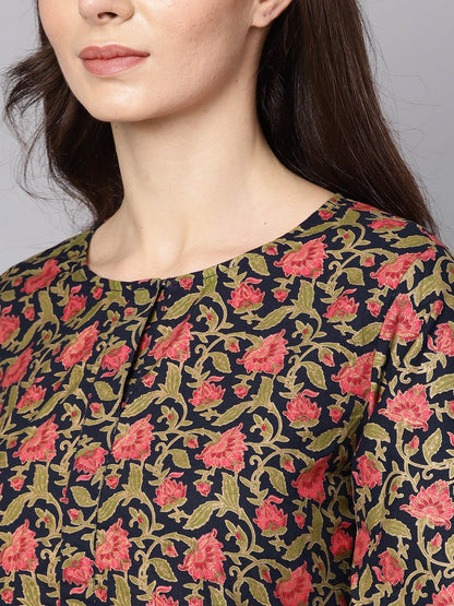 Women's Navy Blue & Gold Floral Printed Kurta Set With Solid Navy Blue Pants