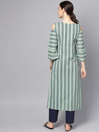 Women's Pastel Green Printed Kurta Set With Solid Navy Blue Pants