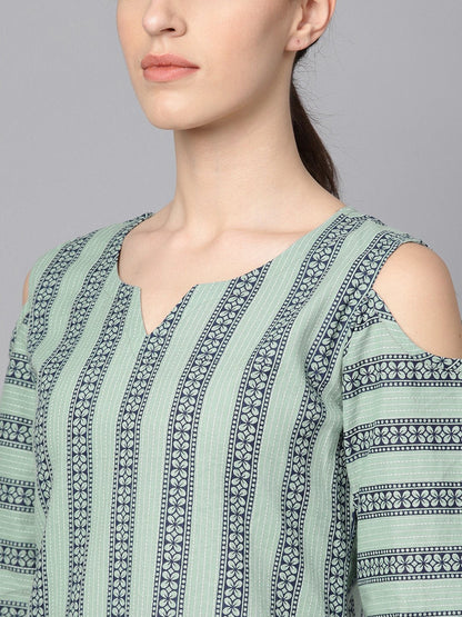 Women's Pastel Green Printed Kurta Set With Solid Navy Blue Pants