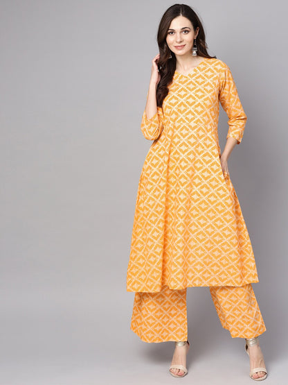 Women's Yellow Geometric Printed Kurta Set With Flared Palazzo