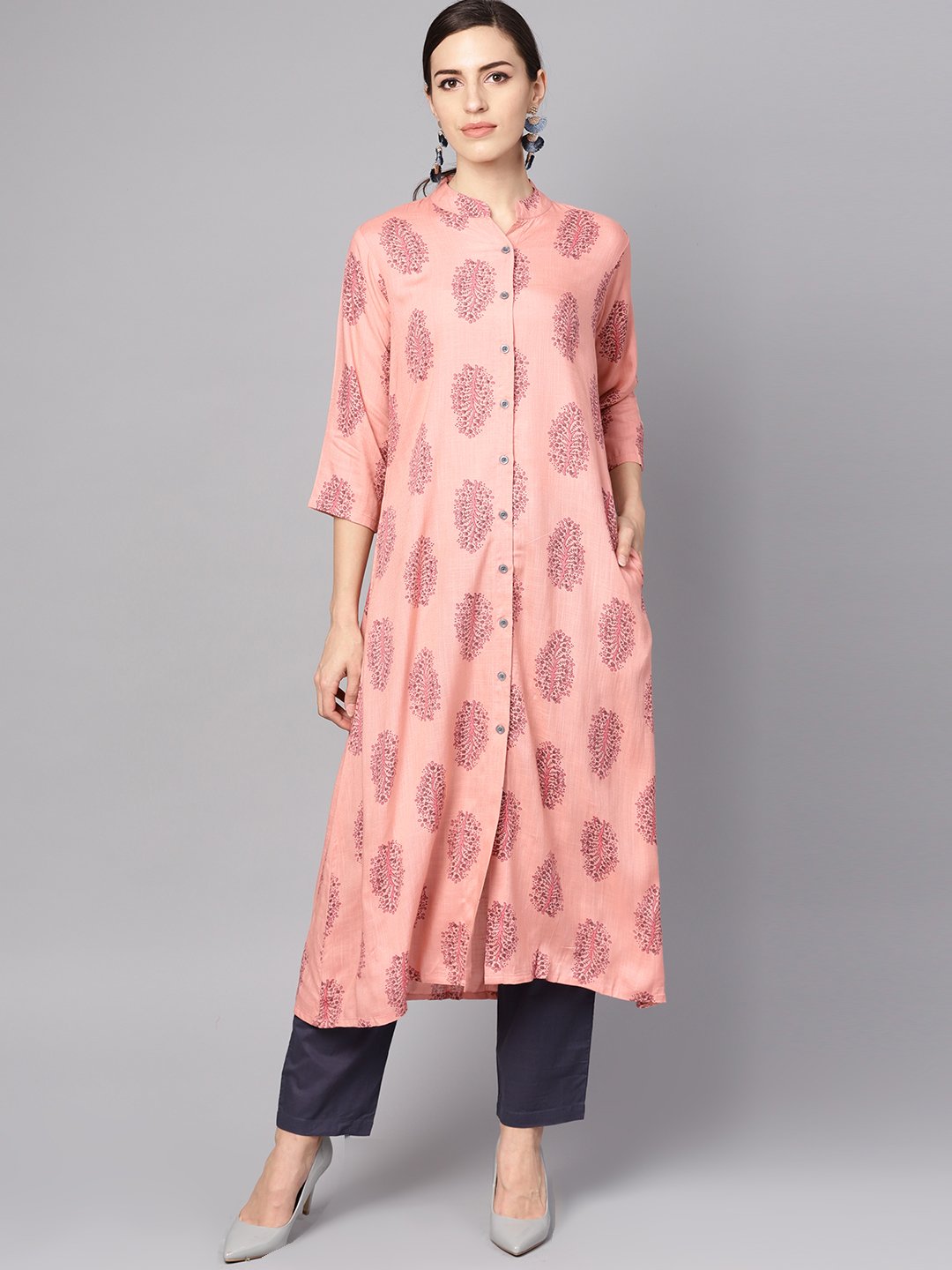 Women's Pastel Pink Printed Kurta Set With Solid Dark Grey Pants