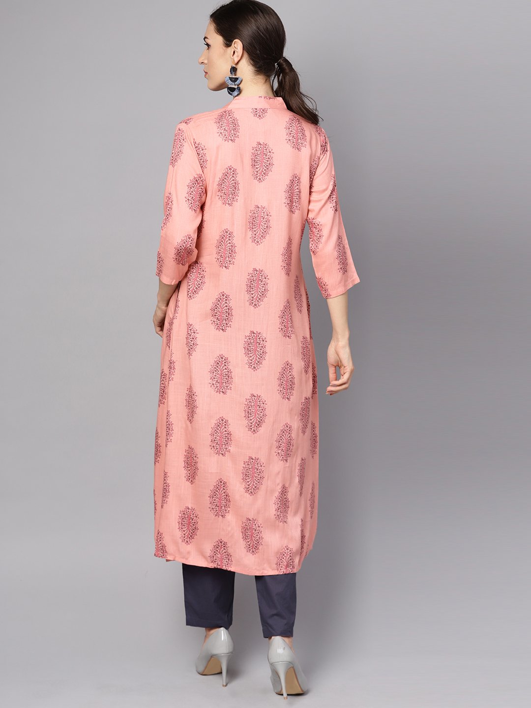 Women's Pastel Pink Printed Kurta Set With Solid Dark Grey Pants