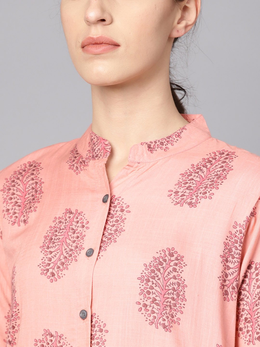 Women's Pastel Pink Printed Kurta Set With Solid Dark Grey Pants
