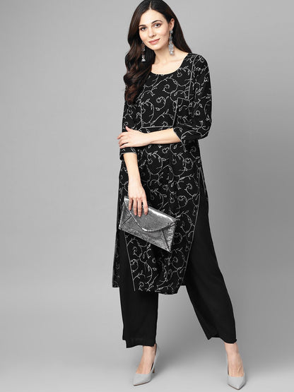Women's Black & Grey Floral Printed Kurta Set With Solid Black Palazzo