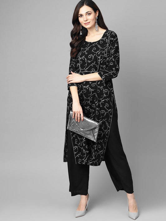Women's Black & Grey Floral Printed Kurta Set With Solid Black Palazzo