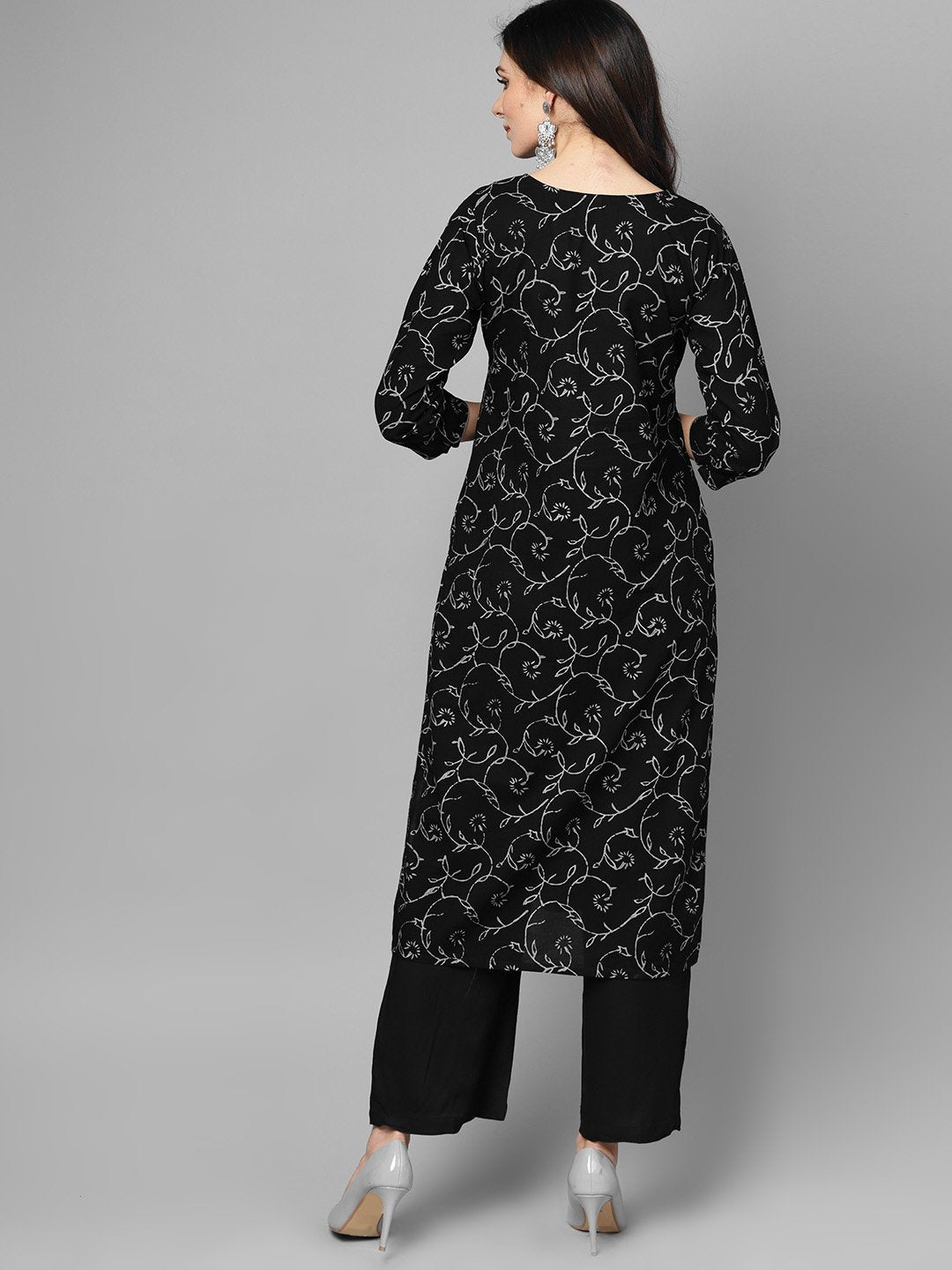 Women's Black & Grey Floral Printed Kurta Set With Solid Black Palazzo