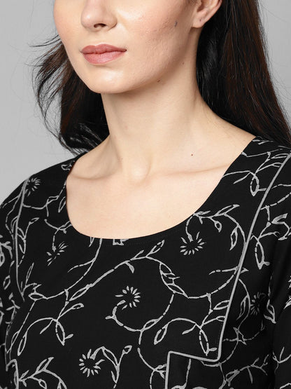 Women's Black & Grey Floral Printed Kurta Set With Solid Black Palazzo