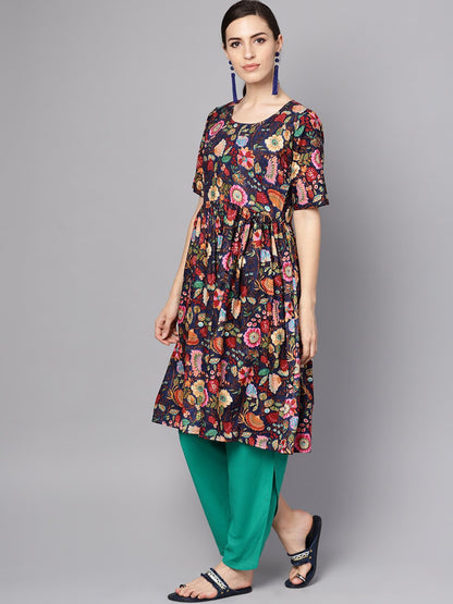 Women's Navy Blue Multi Colored Pleated Kurta With Solid Tulip Pants