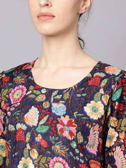 Women's Navy Blue Multi Colored Pleated Kurta With Solid Tulip Pants