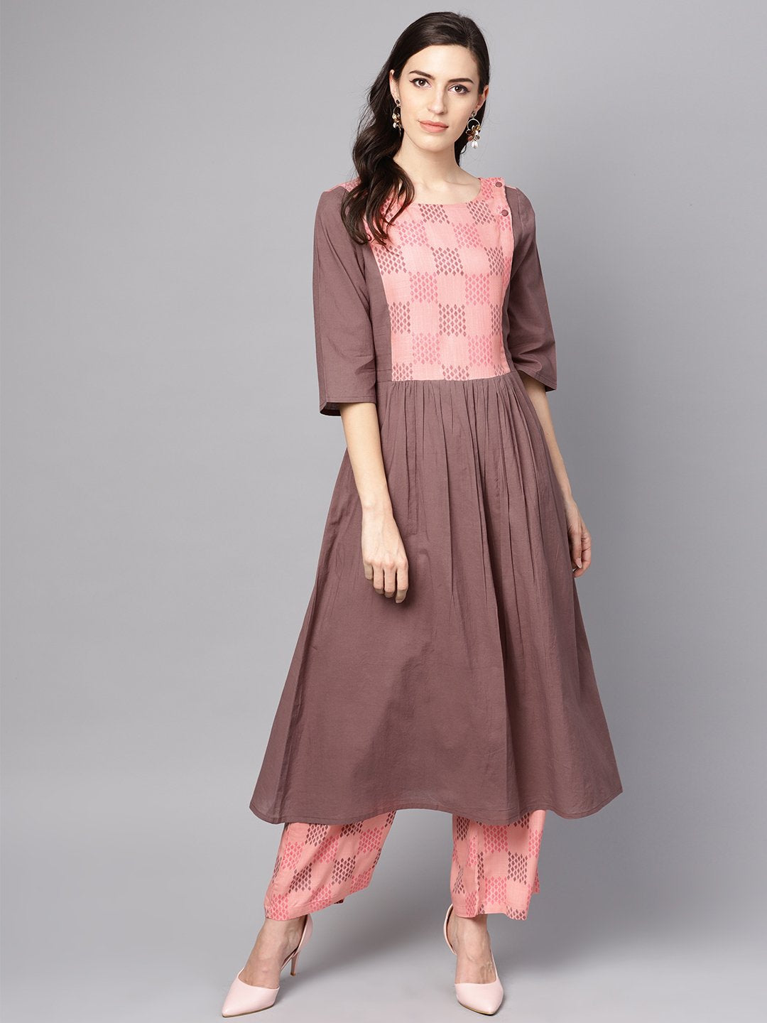 Women's Pink & Brown A-Line Kurta Set With Pants