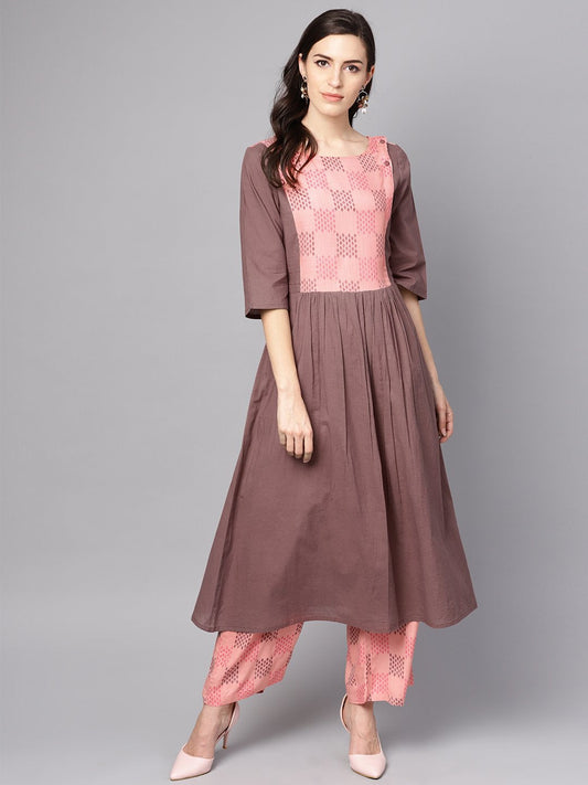 Women's Pink & Brown A-Line Kurta Set With Pants