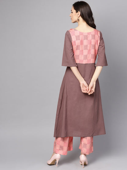 Women's Pink & Brown A-Line Kurta Set With Pants