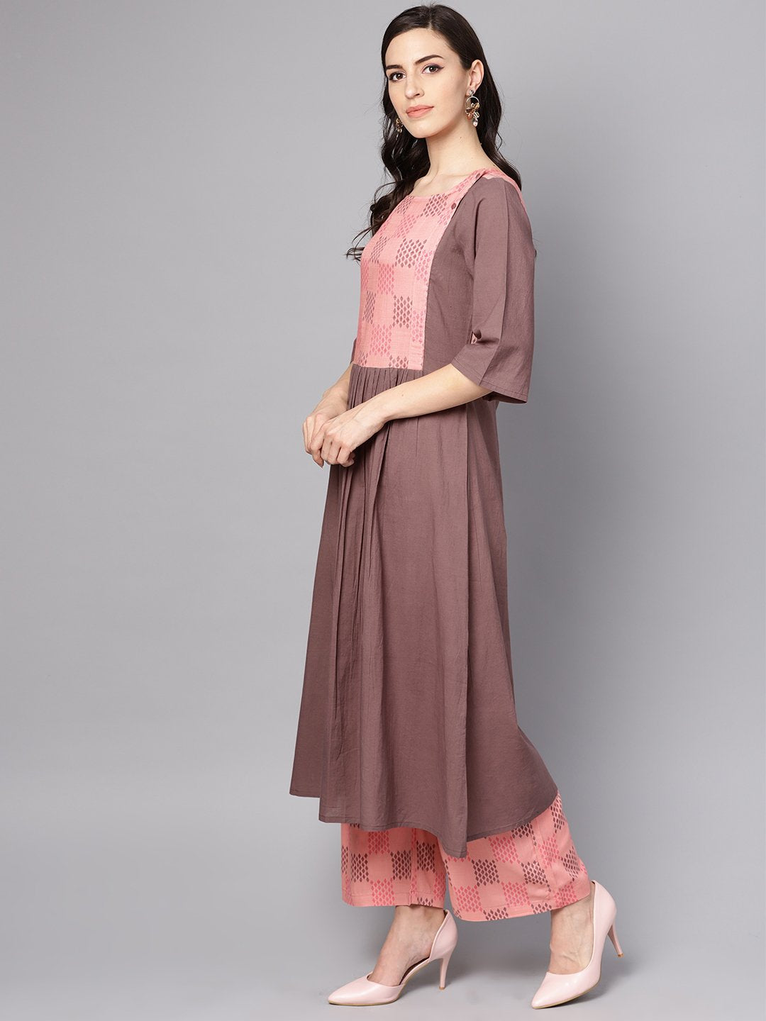 Women's Pink & Brown A-Line Kurta Set With Pants