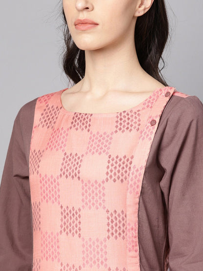 Women's Pink & Brown A-Line Kurta Set With Pants