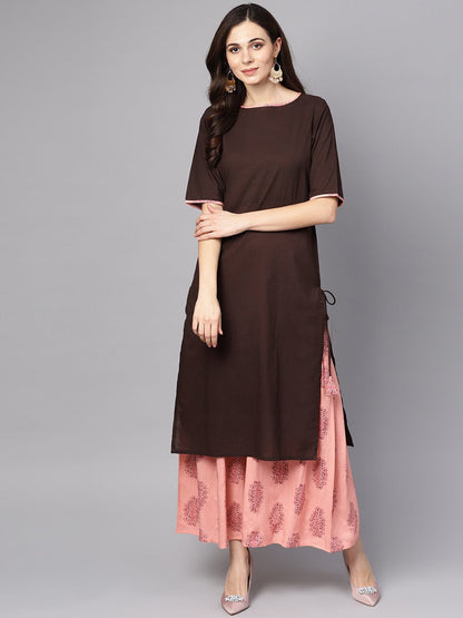 Women's Solid Brown Half Sleeve Kurta Set With Printed Sharara