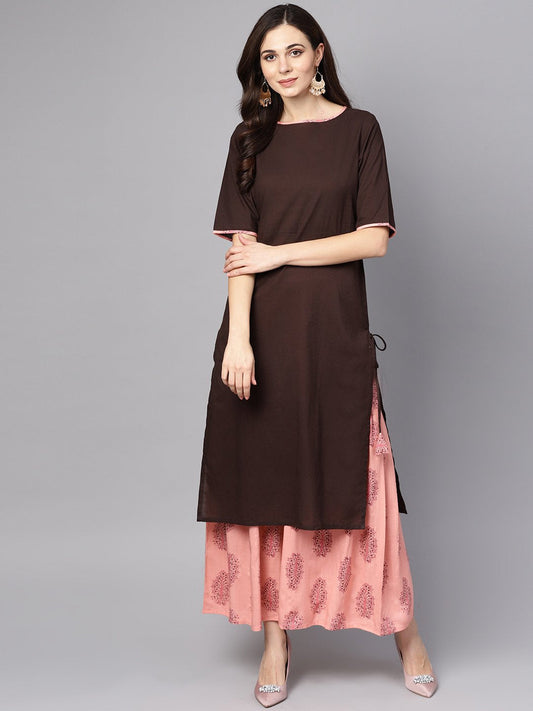 Women's Solid Brown Half Sleeve Kurta Set With Printed Sharara