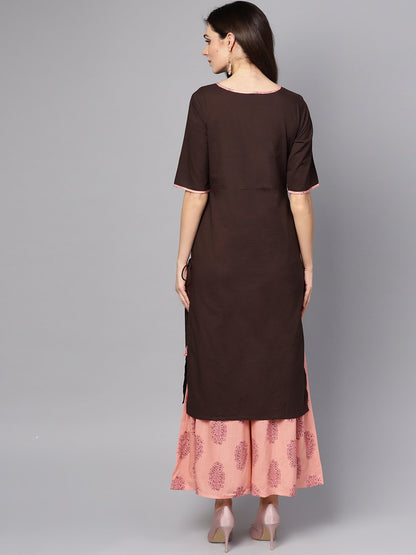 Women's Solid Brown Half Sleeve Kurta Set With Printed Sharara