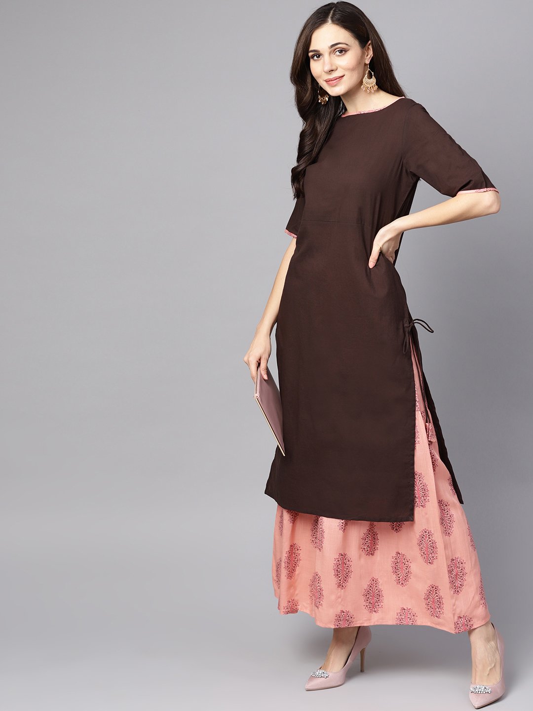 Women's Solid Brown Half Sleeve Kurta Set With Printed Sharara