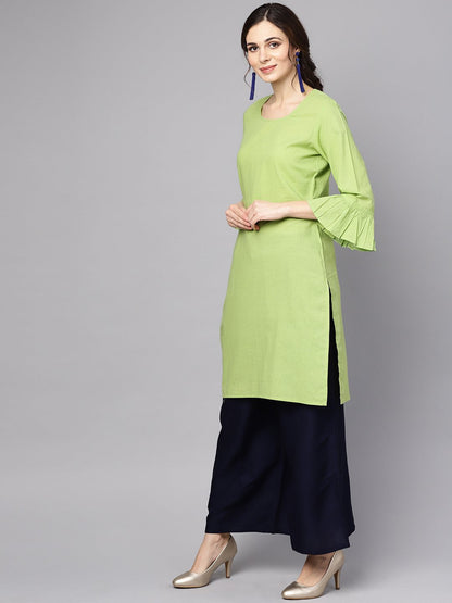 Women's Pastel Green Round Neck Kurta With Rayon Printed Stole