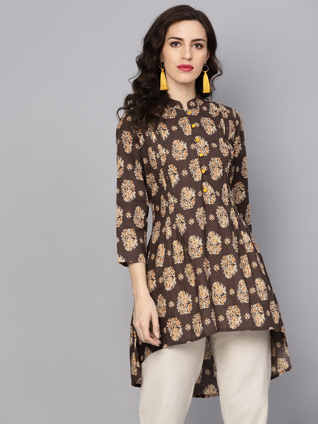 Women's Chocolate Brown Printed Tunic With Madarin Collar And 3/4 Sleeves