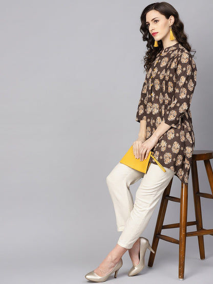 Women's Chocolate Brown Printed Tunic With Madarin Collar And 3/4 Sleeves