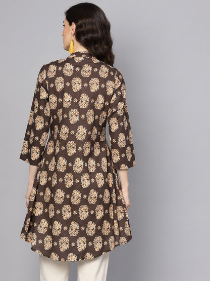 Women's Chocolate Brown Printed Tunic With Madarin Collar And 3/4 Sleeves