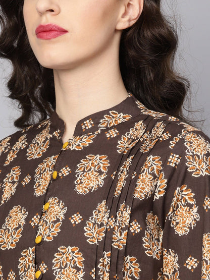 Women's Chocolate Brown Printed Tunic With Madarin Collar And 3/4 Sleeves