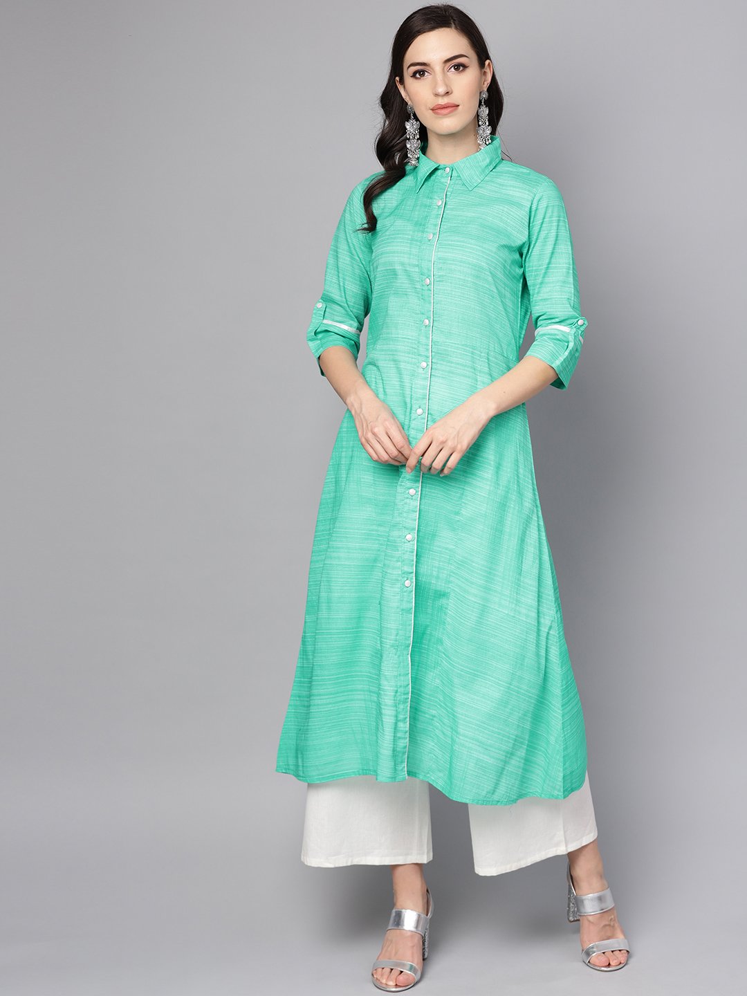 Women's Turquoise Blue A-Line Kurta With Shirt Collar & 3/4 Sleeves