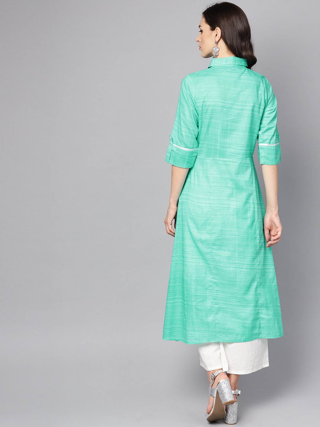 Women's Turquoise Blue A-Line Kurta With Shirt Collar & 3/4 Sleeves