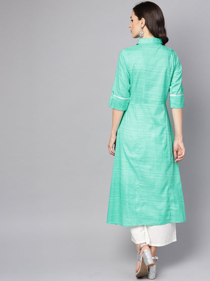 Women's Turquoise Blue A-Line Kurta With Shirt Collar & 3/4 Sleeves