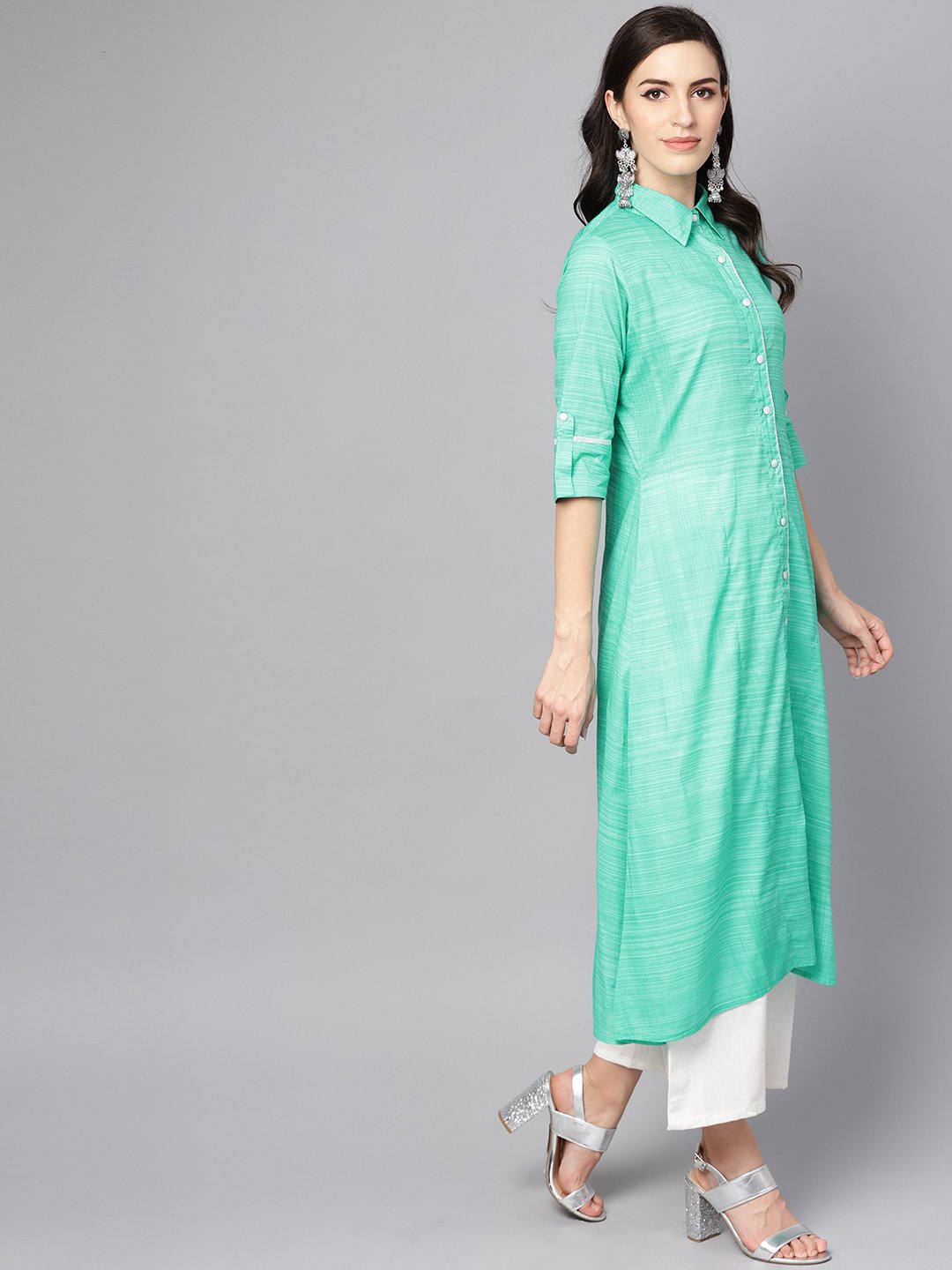 Women's Turquoise Blue A-Line Kurta With Shirt Collar & 3/4 Sleeves